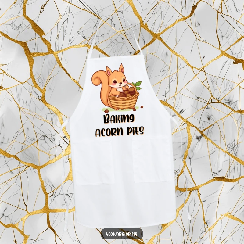 Funny apron showing a playful squirrel carefully placing acorns into a basket, perfect for a diligent and amusing cooking experience.