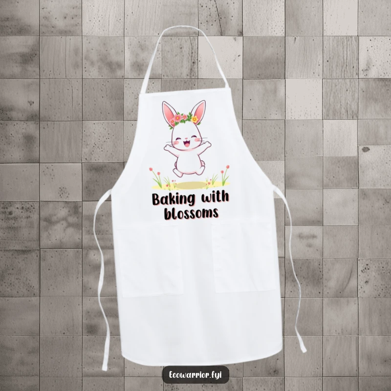 Funny rabbit apron, wearing a flower crown, mid-jump with delight, bringing kitchen cheer.