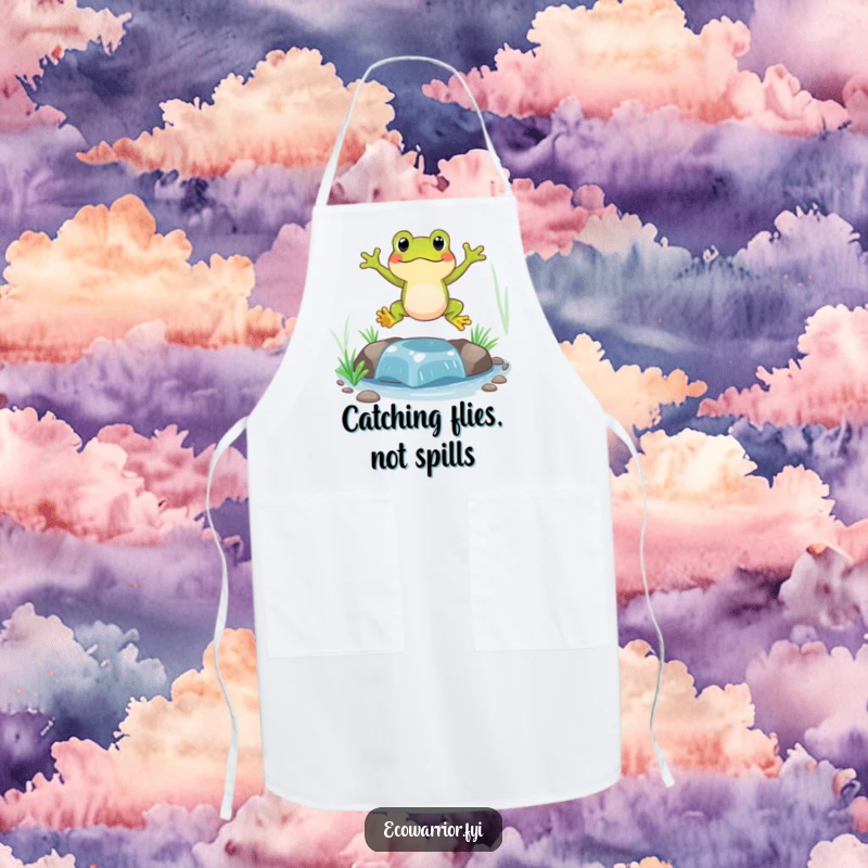 Funny Frog Apron featuring a lively frog mid-leap over a small, clean stream, bringing playful energy to cooking tasks.