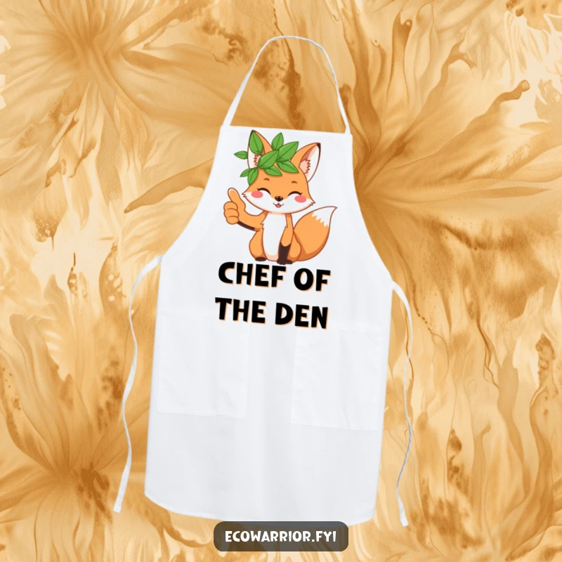 Funny playful fox wearing a leaf crown gives a thumbs up on a kitchen apron, adding a humorous touch.