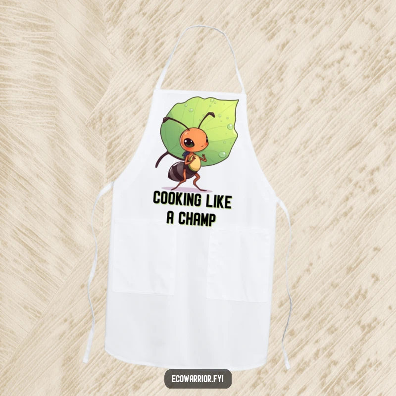 Funny apron with a diligent ant carrying a leaf like a shield, perfect for kitchen battles.