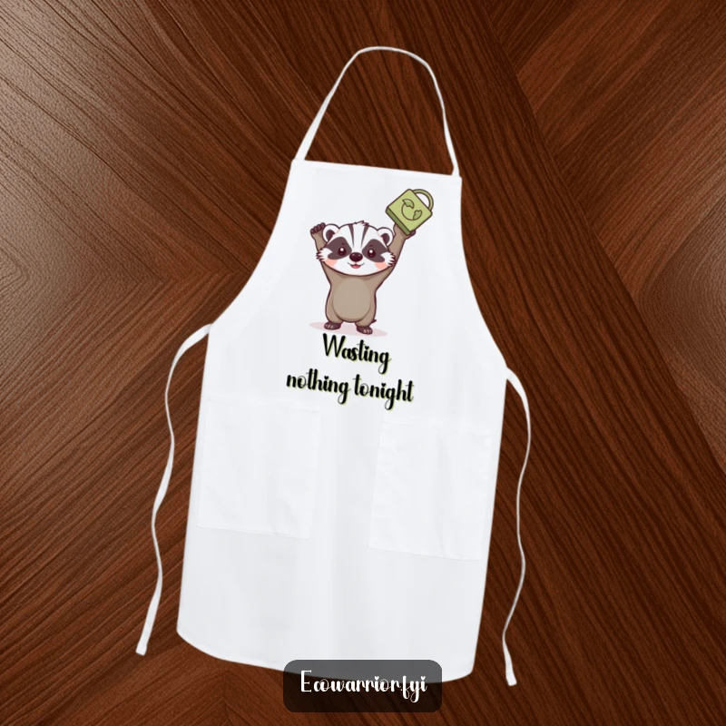 Funny badger apron, determinedly holding a recycled item aloft, ready for eco-conscious cooking.