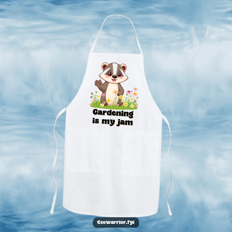 Funny apron with a friendly badger pointing to blooming wildflowers, practical for cooking and gardening.