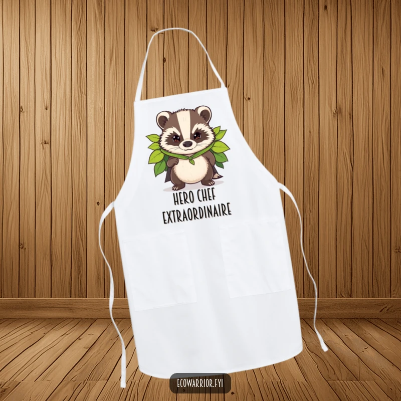 Funny apron featuring a determined badger wearing a superhero cape made of leaves, ready to tackle any kitchen challenge.