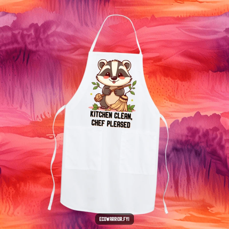 Funny Badger Sweeper Apron: A cheerful badger with a twig broom sweeps leaves, perfect for kitchen or crafting.
