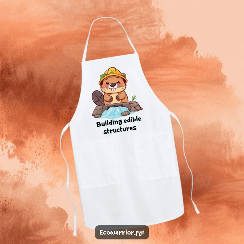 Funny Beaver Builder Apron: A determined beaver wearing a leaf hard hat builds a dam, perfect for work or cooking.
