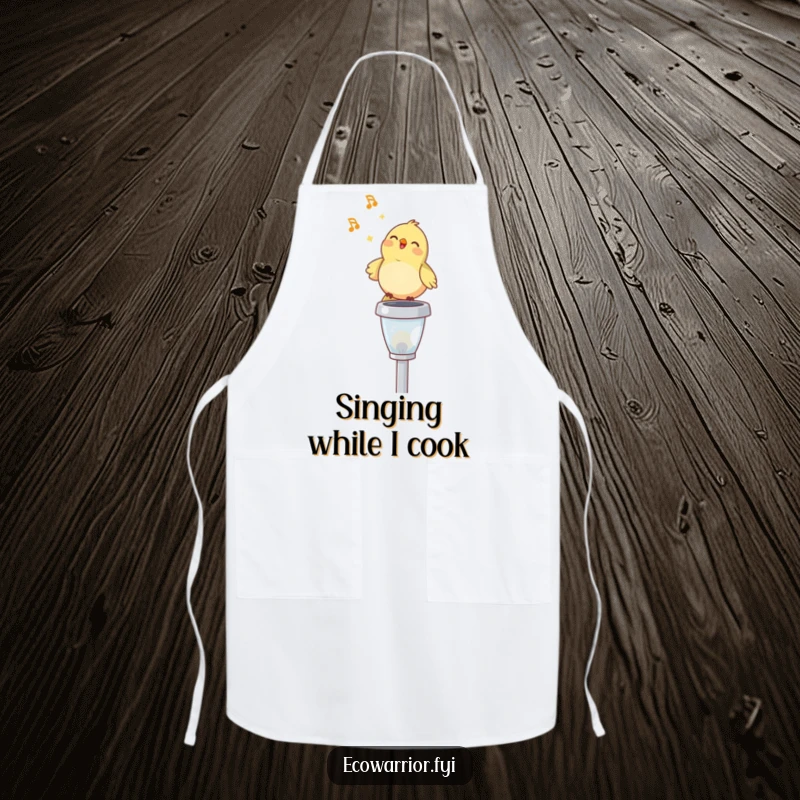 Funny apron showing a happy bird singing on a solar garden light, perfect for kitchen duties and adding a splash of humorous cheer.