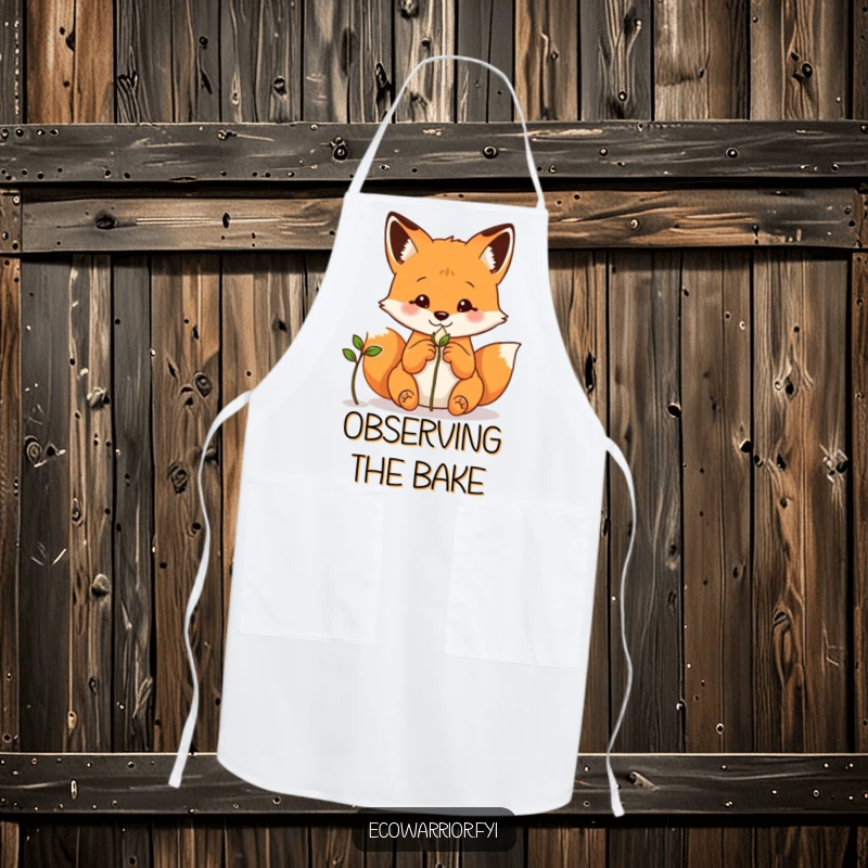 Funny fox apron, hands clasped behind back, observing a sprouting seed, ready for kitchen experiments.