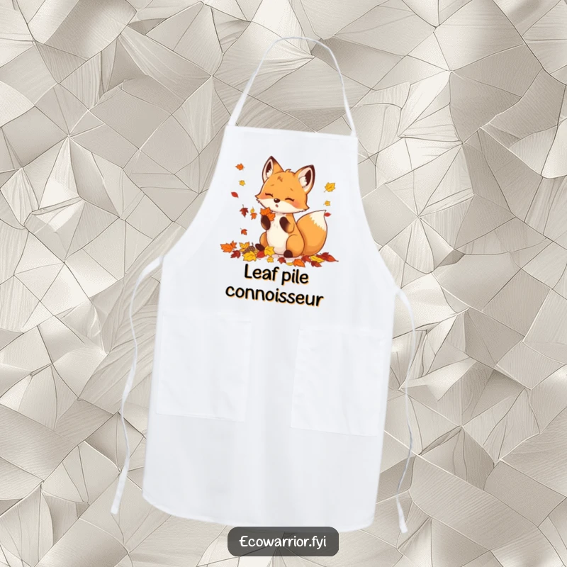 Funny Apron showing a happy fox busy collecting colorful autumn leaves, ready for kitchen adventures.