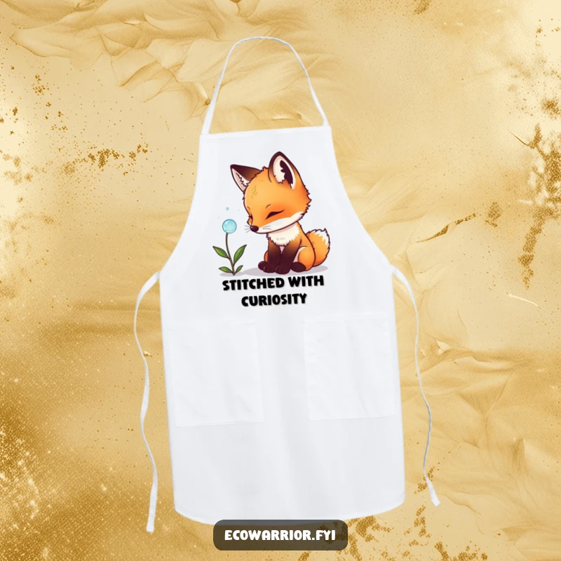 Funny fox cub apron, illustrating a cub studying a dewdrop on a plant, perfect for adding wildlife charm to the kitchen.