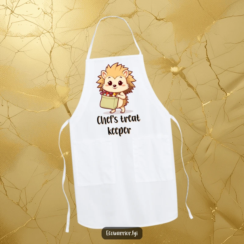 Funny hedgehog wearing an apron, carrying a reusable bag of treats, symbolizing prepared cooking and kitchen humor.
