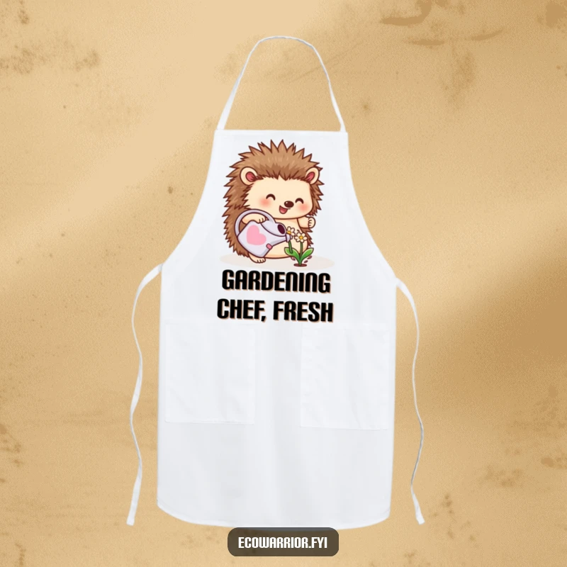 Funny apron showcasing a cheerful hedgehog watering a small flower with a watering can, perfect for kitchen gardening fun.