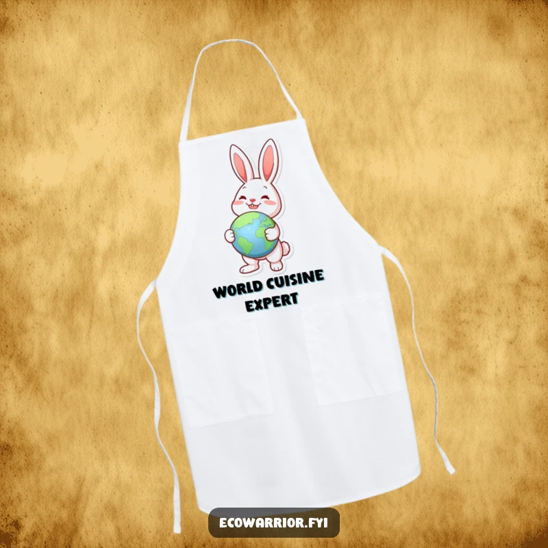 Funny Joyful Rabbit Globe Apron: A joyful rabbit holding a globe, pointing to a green landmass, for kitchen adventures.