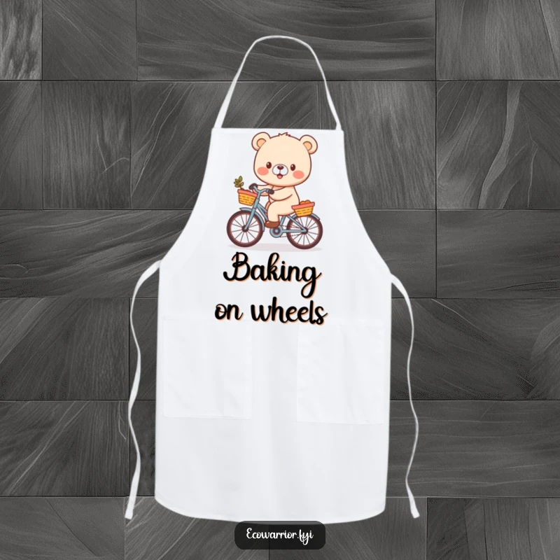 Funny Bear Cub Apron with a cheerful character riding a bicycle, perfect for humorous and delightful kitchen or baking activities.