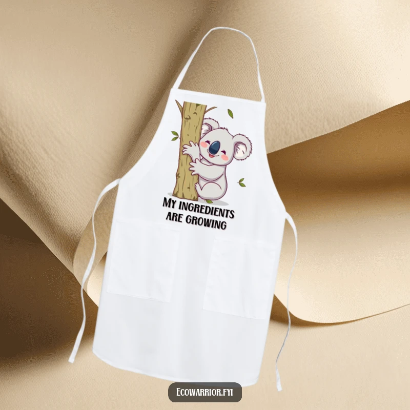 Funny apron with a smiling koala hugging a sapling, raising one arm victoriously, ready for eco-friendly cooking.
