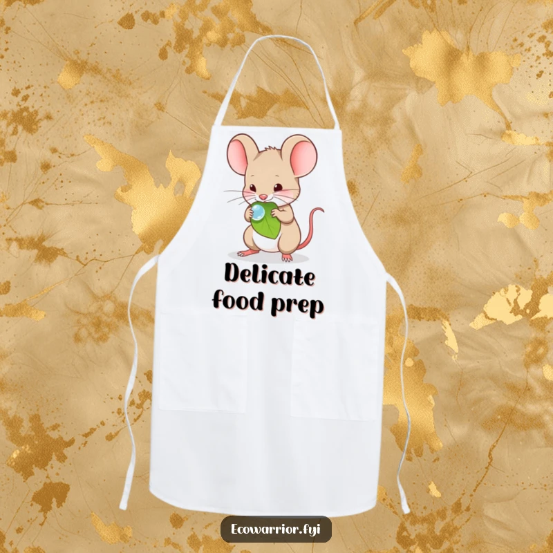 Funny Apron showing a timid mouse carefully carrying a dewdrop on a leaf.