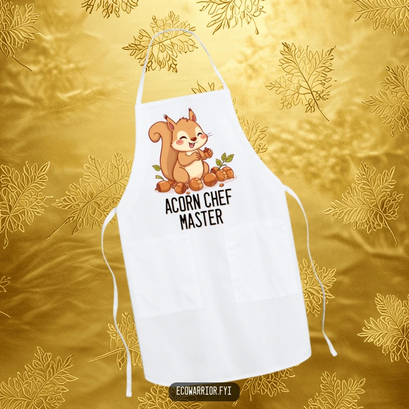 Funny Apron showing a cheerful squirrel rapidly gathering acorns, ready for kitchen tasks.