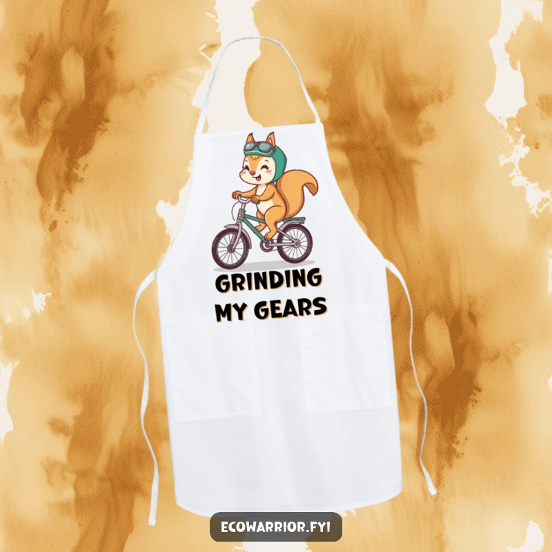 Funny squirrel apron featuring a playful squirrel riding a recycled bicycle with a smile, great for cooking.