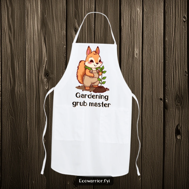 Funny apron featuring a cute squirrel wearing large, leafy overalls, energetically planting a tiny seedling, ideal for garden protection.