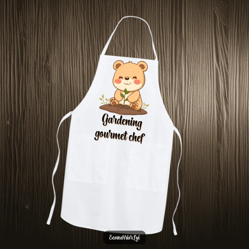 Funny Apron: Happy bear character planting a seedling, ready for gardening or kitchen adventures.