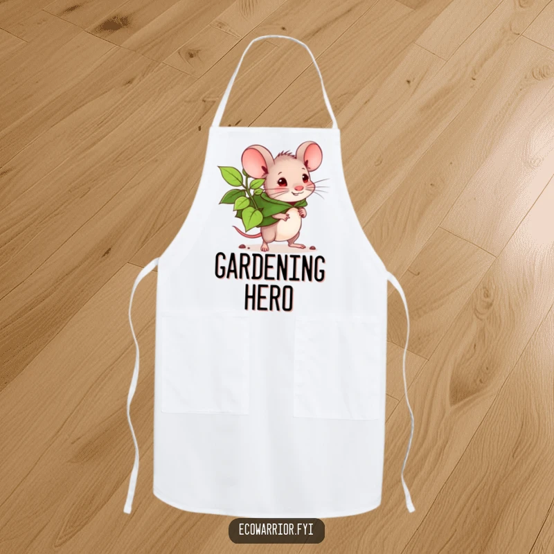 Funny mouse planter apron, determined mouse with leaf cape carrying a large seedling. A humorous and functional kitchen accessory. Great.