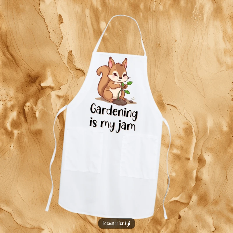 Funny Squirrel Apron with a determined character planting a sapling, perfect for humorous and eco-friendly kitchen or gardening activities.