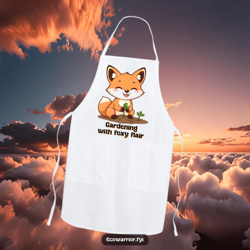 Funny Fox Gardener Apron: A determined fox with a grin plants a tiny seed, ideal for kitchen or garden work.