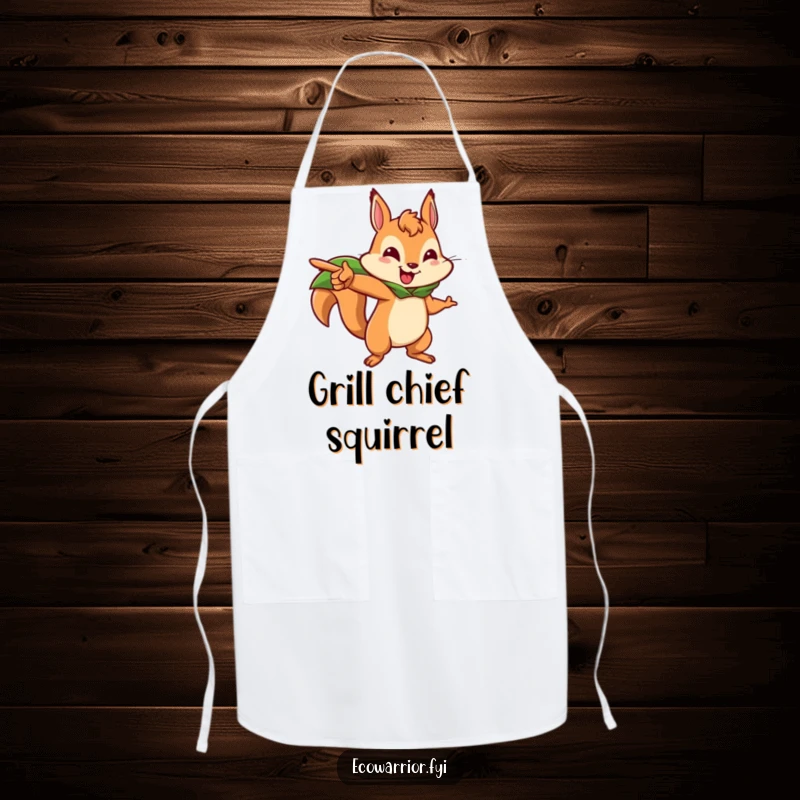 Funny squirrel apron featuring a brave squirrel character in a leaf cape pointing forward, adding adventurous flair to kitchen wear.