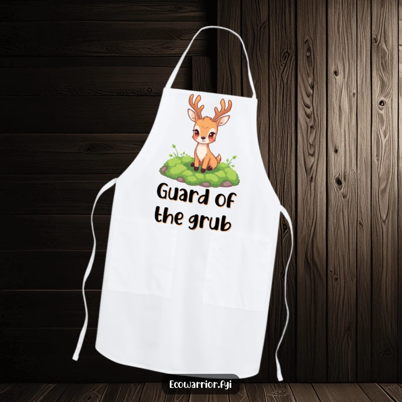 Funny Deer Apron featuring a steadfast deer protectively overseeing a patch of lush moss, ideal for kitchen duties.
