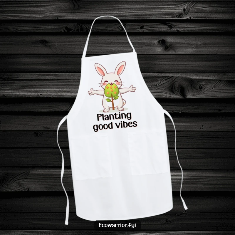 Funny happy rabbit character embracing a small sapling, featured on a kitchen apron for gardening enthusiasts.