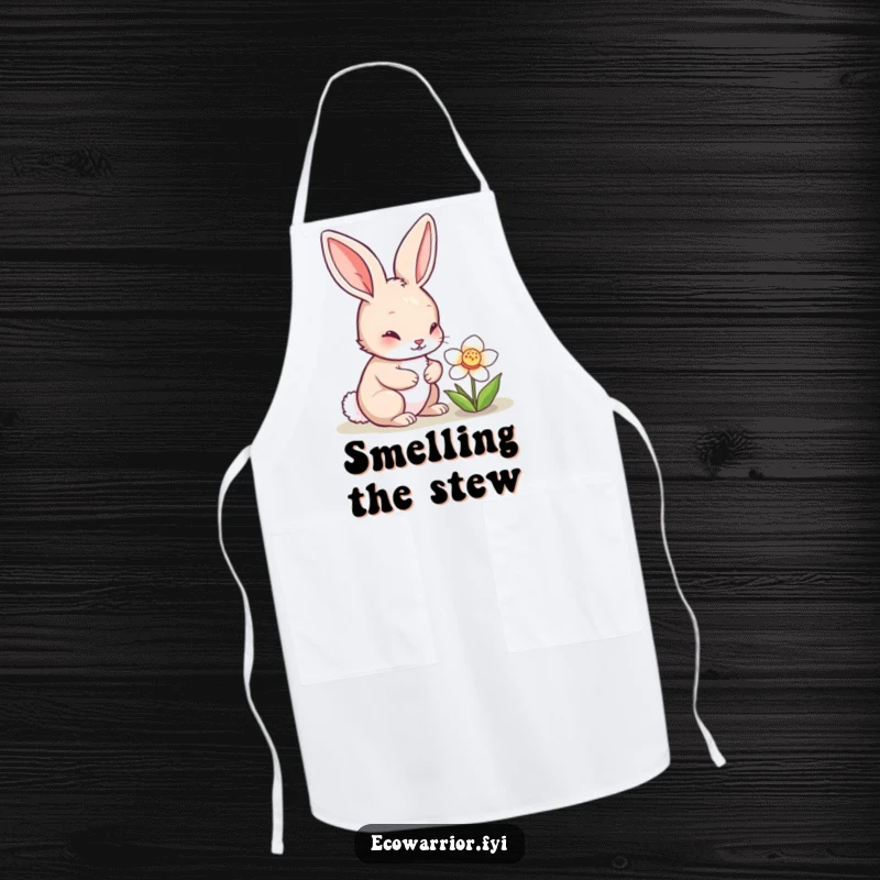 Funny rabbit character wearing an apron, inspecting a blooming flower, ready for gardening tasks with a curious expression, perfect for funny apron wearers.
