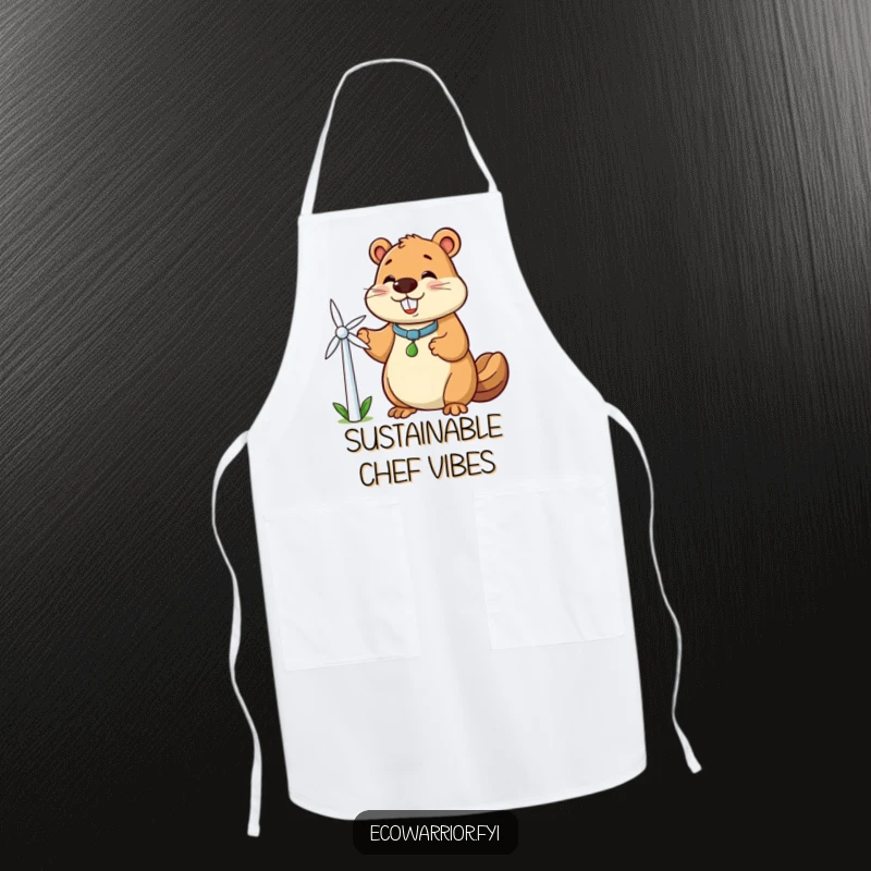 Funny beaver apron featuring a smiling beaver character holding a small windmill, symbolizing clean energy and kitchen fun.