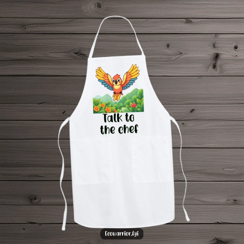 Funny parrot apron featuring a vibrant character soaring with wings spread wide, perfect for fun and colorful kitchen tasks.