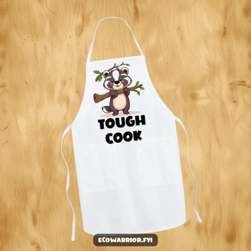 Funny apron featuring a strong badger character lifting a fallen branch, bringing strength and helpful humor to the kitchen.