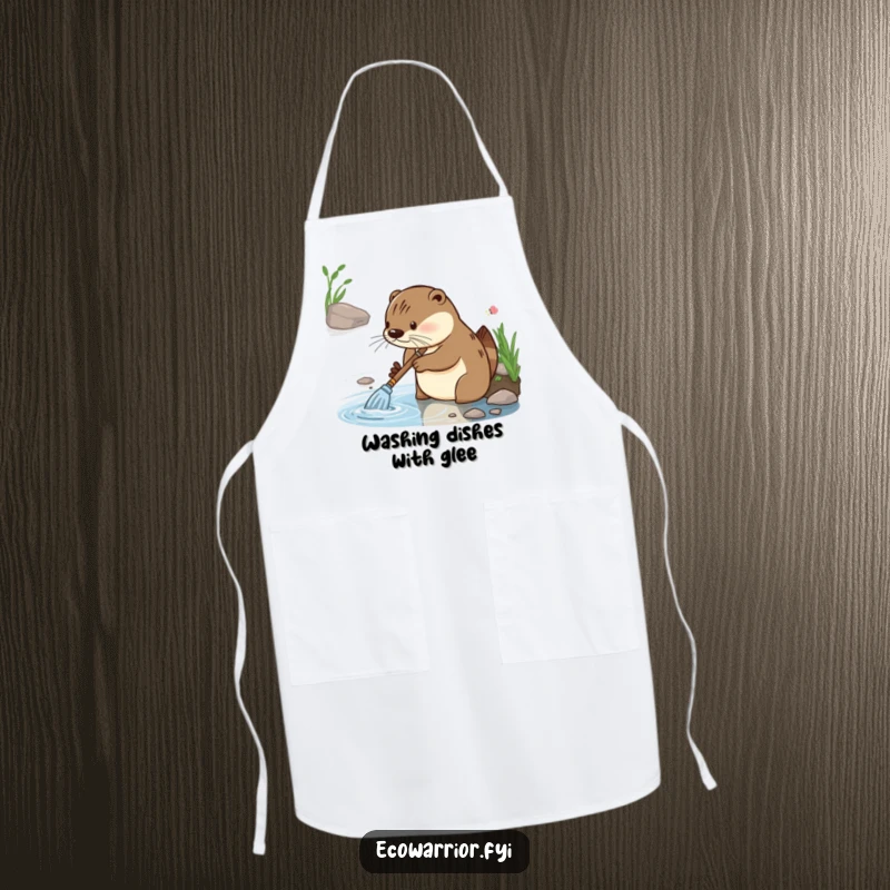 Funny apron with a diligent otter character showing focused glee while cleaning a riverbank, ideal for a humorous and tidy kitchen.