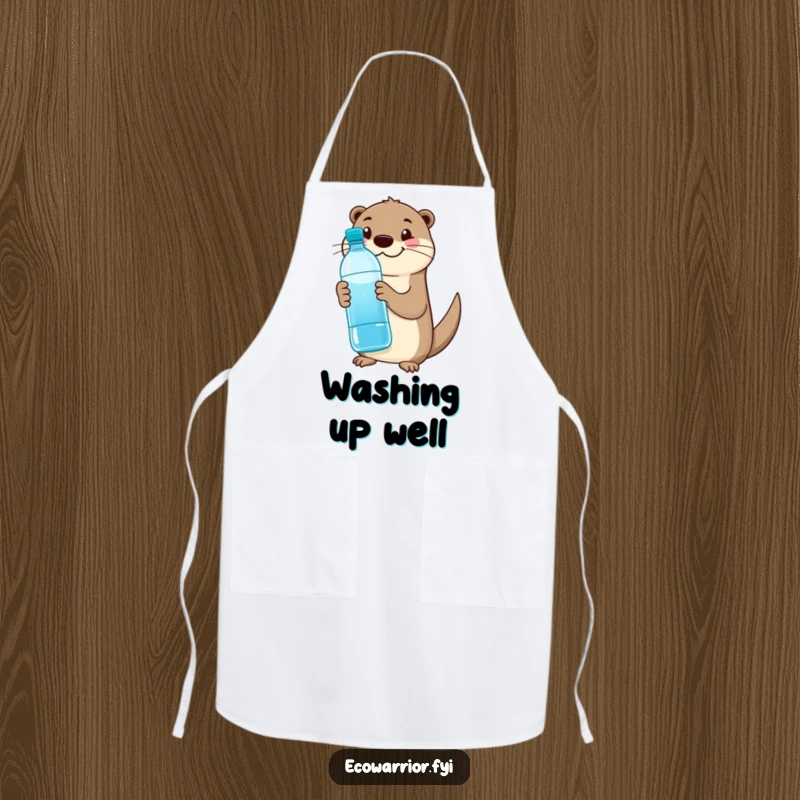Funny otter apron featuring a happy otter holding a reusable water bottle and giving a thumbs up, great for cooking.