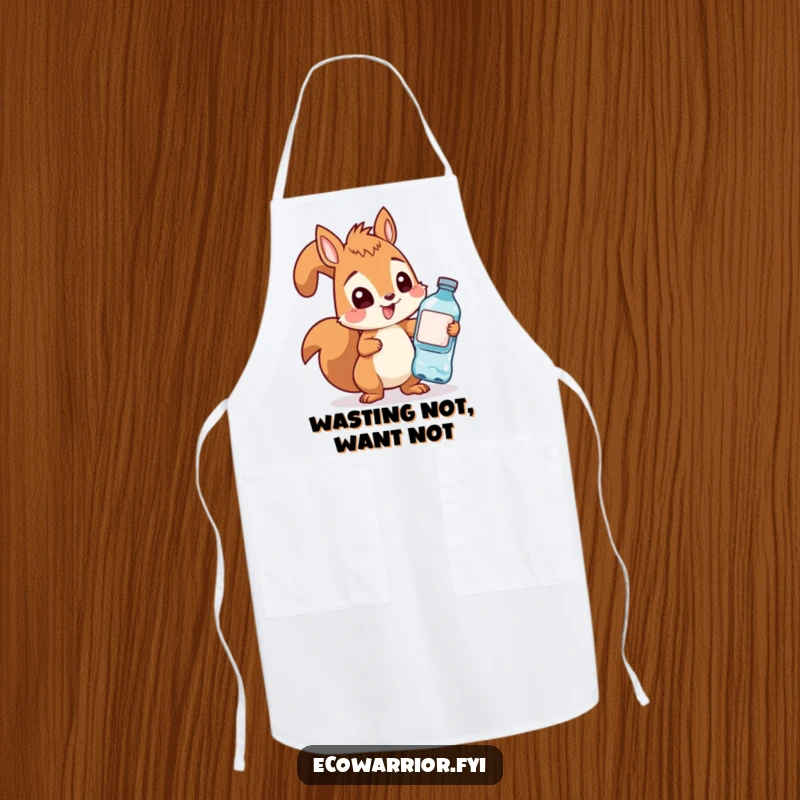Funny squirrel wearing an apron, determinedly collecting bottles while cooking, adding eco-humor to kitchen wear.