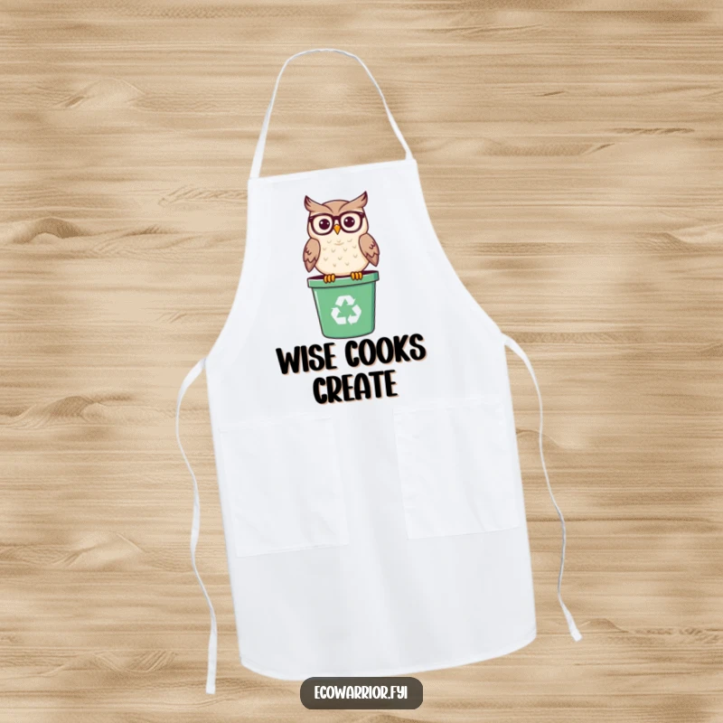 Funny apron showing a smiling owl wearing spectacles, perched on a recycling bin, ready for a wise and amusing cooking session.