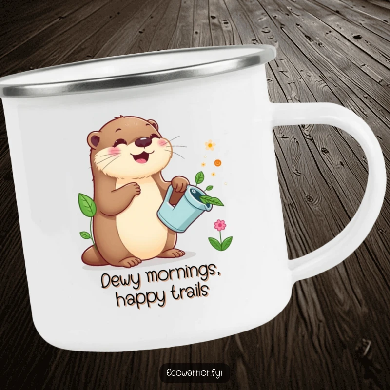 Funny Otter Gardener Camping Mug: A cheerful otter with a leaf watering can sprinkles plants, perfect for outdoor enjoyment.