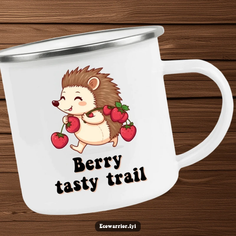 Funny camping mug featuring a happy hedgehog purposefully walking with berries on its back, ready for any outdoor journey.