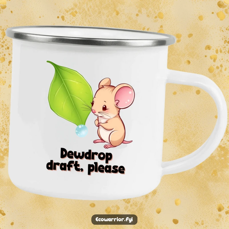 Funny camping mug featuring a curious mouse examining a dewdrop on a leaf, ready for quiet outdoor exploration.