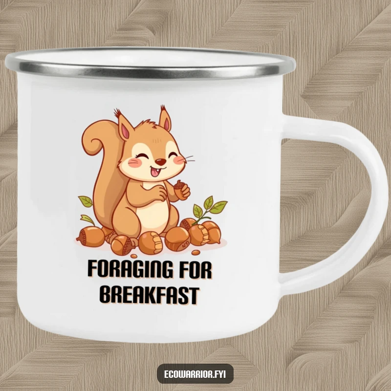 Funny Camping Mug with a cheerful squirrel gathering acorns quickly and with focus.
