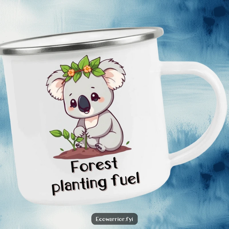 Funny Koala Camping Mug: Cute koala with a leaf crown determinedly planting a sapling, perfect for outdoor eco fun, funny gift.