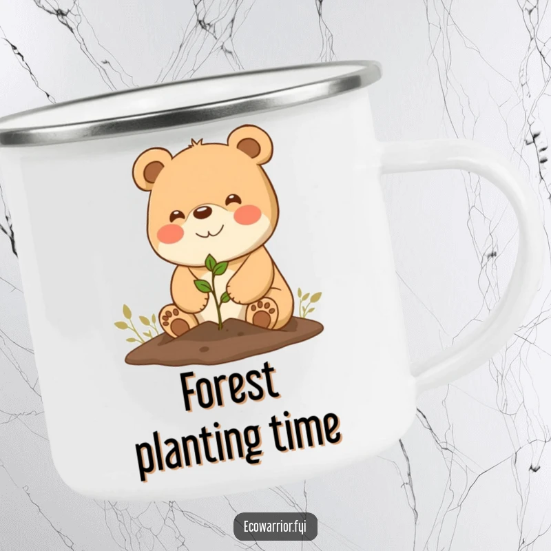 Funny Camping Mug: Happy bear character planting a seedling, perfect for outdoor, cheerful sipping.