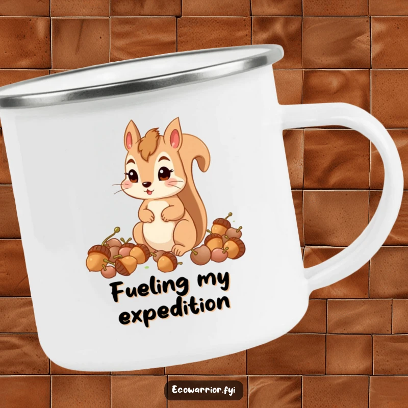 Funny determined squirrel collecting acorns with focus, on a sturdy enamel camping mug.