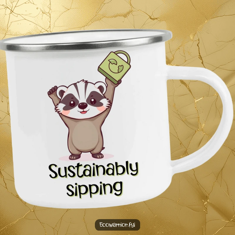 Funny badger camping mug, determinedly holding a recycled item, ready for eco-conscious camping trips.