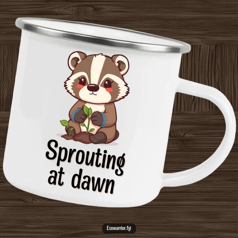 Funny badger gardener camping mug with a determined character in gloves, caring for a sprout, for outdoor humor.
