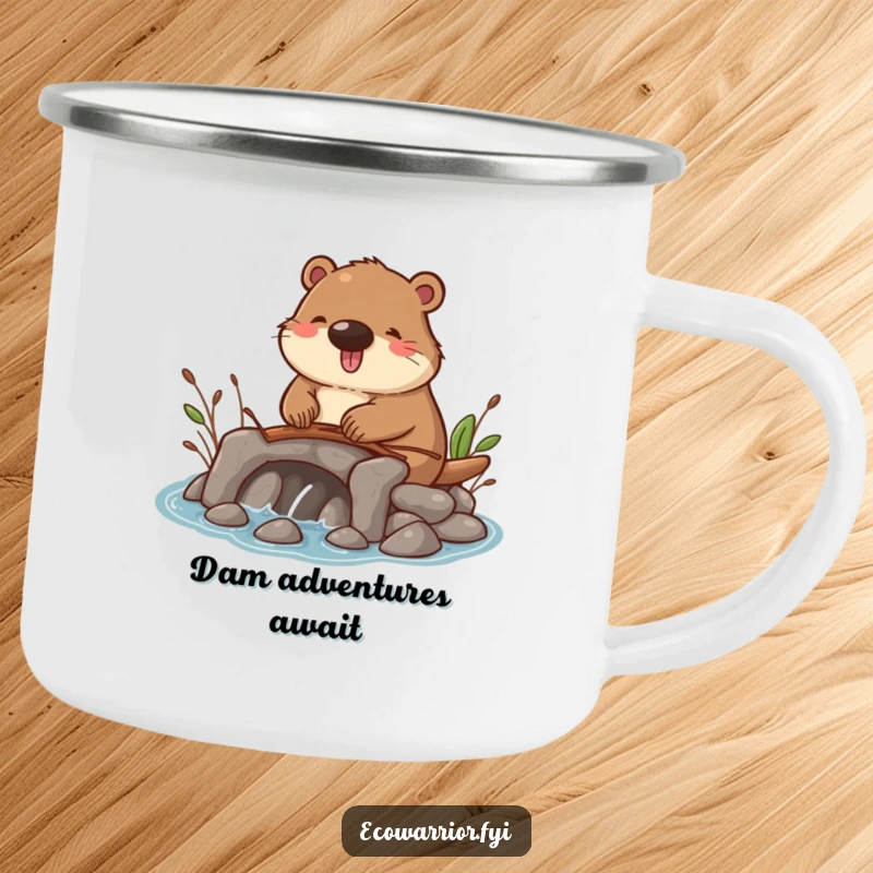 Funny camping mug with a happy beaver constructing a small twig dam, perfect for outdoor enthusiasts who appreciate humor.