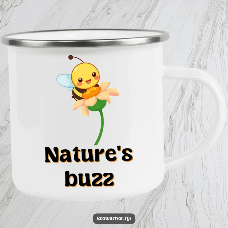 Funny camping mug featuring a happy bee character pollinating a vibrant wildflower, perfect for vibrant outdoor humor.