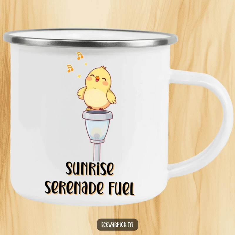 Funny camping mug with a happy bird singing on a solar garden light, perfect for outdoor brews and adding a splash of humorous delight.